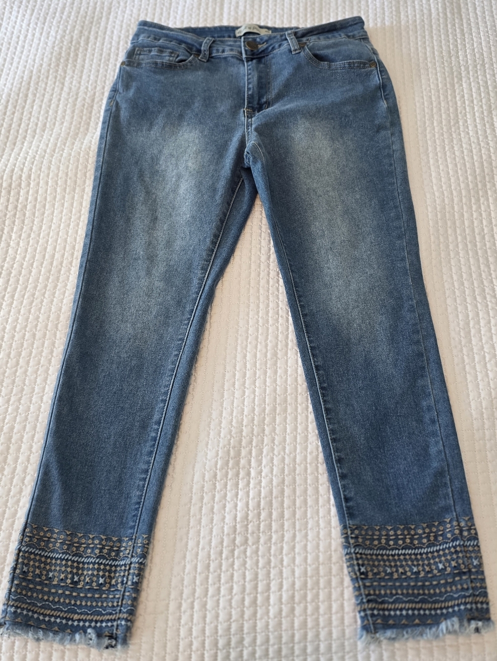 Heart Of Pine Women's Blue Boho Embroidered Hem Stretch Jeans, Size S